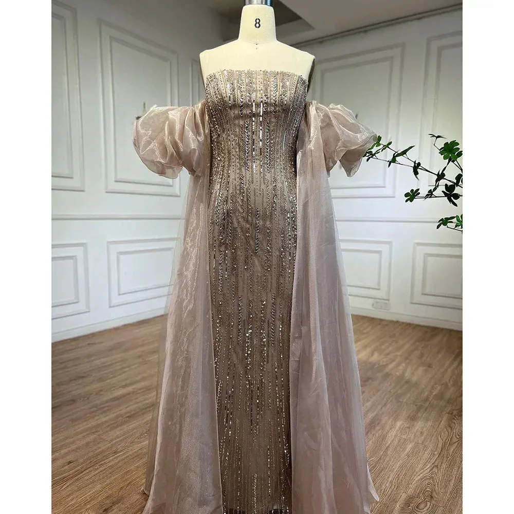 Diynav Dubai Arabic Blue Mermaid Balloon Sleeves Beaded Evening Dresses HZ1017 - Image 9