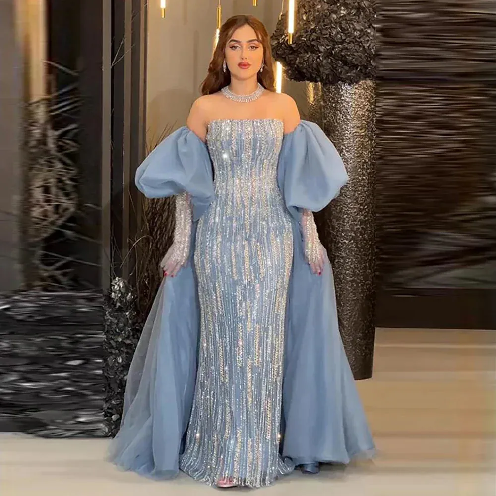 Diynav Dubai Arabic Blue Mermaid Balloon Sleeves Beaded Evening Dresses HZ1017 - Image 6
