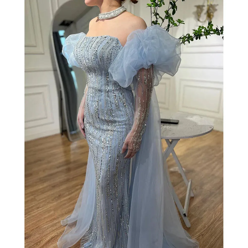 Diynav Dubai Arabic Blue Mermaid Balloon Sleeves Beaded Evening Dresses HZ1017 - Image 7
