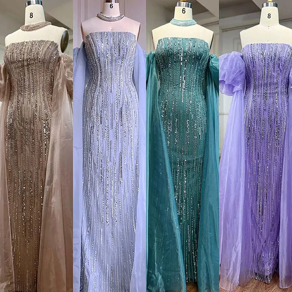 Diynav Dubai Arabic Blue Mermaid Balloon Sleeves Beaded Evening Dresses HZ1017 - Image 2