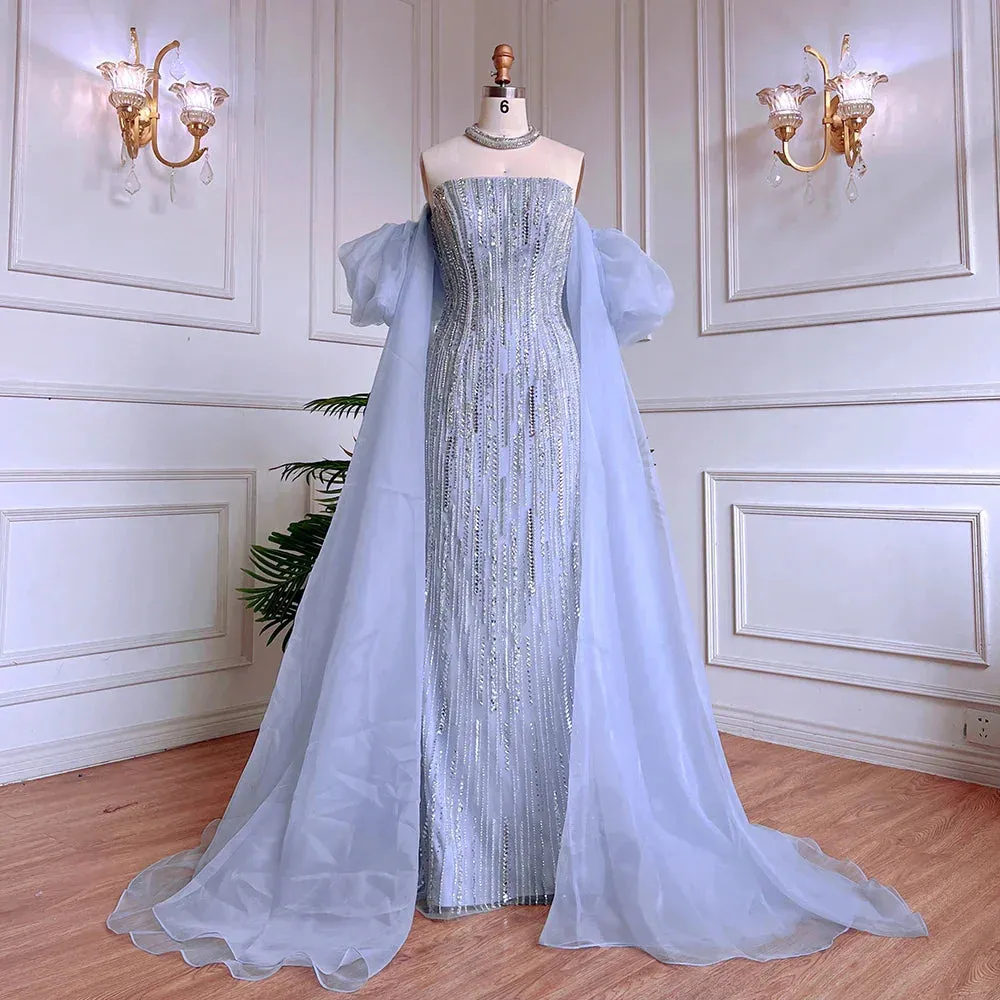 Diynav Dubai Arabic Blue Mermaid Balloon Sleeves Beaded Evening Dresses HZ1017 - Image 3