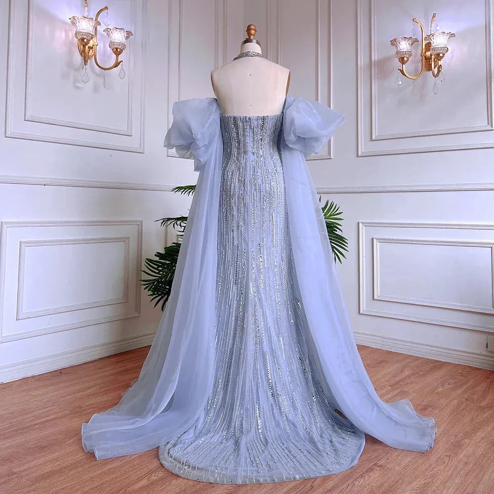 Diynav Dubai Arabic Blue Mermaid Balloon Sleeves Beaded Evening Dresses HZ1017 - Image 4