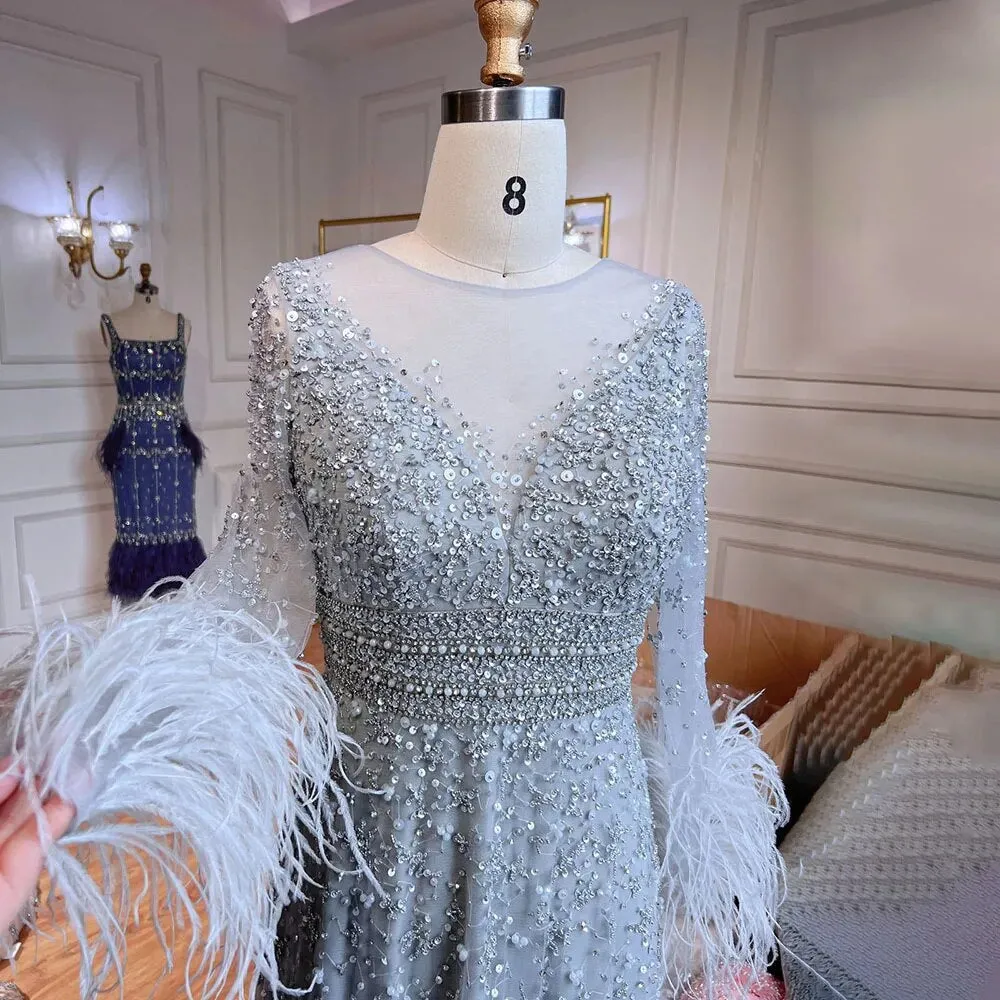 Diynav Champagne Feathers Long Sleeves Evening Dresses HZ1017 - Image 4