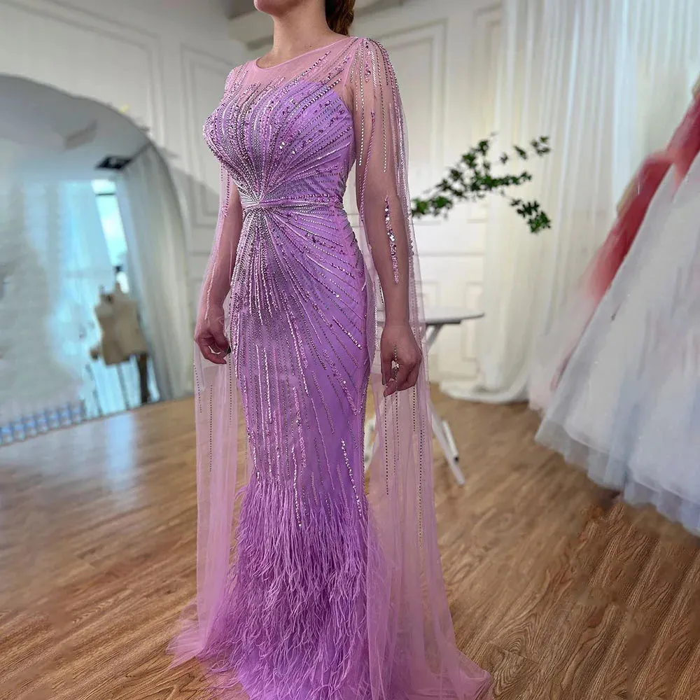 Diynav Lilac Feathers Evening Dresses with Cape Sleeves HZ1017