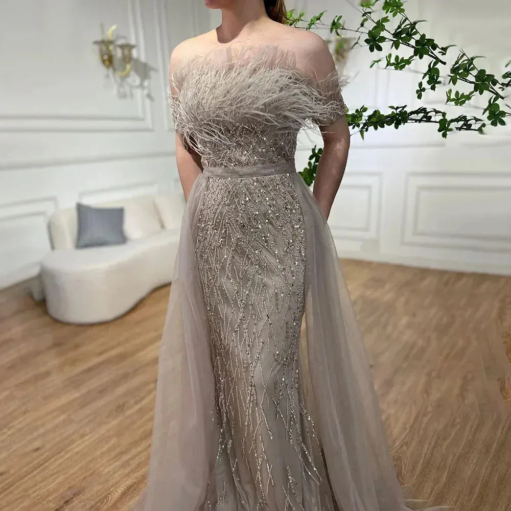 Diynav Luxury Beaded Blue Mermaid Evening Dress Gown with Overskirt HZ1017