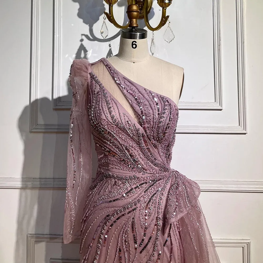 Diynav Shoulder Mermaid Pink Evening Dresses with Overskirt HZ1017