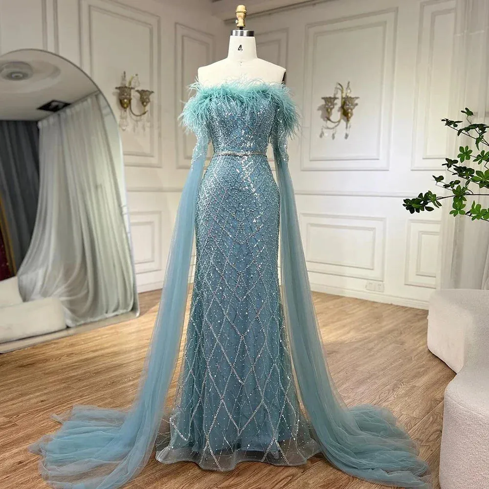 Diynav Cape Sleeves Mermaid Evening Dresses Gowns Luxury Feathers Beaded 2025 For Women Wedding Party HZ1017