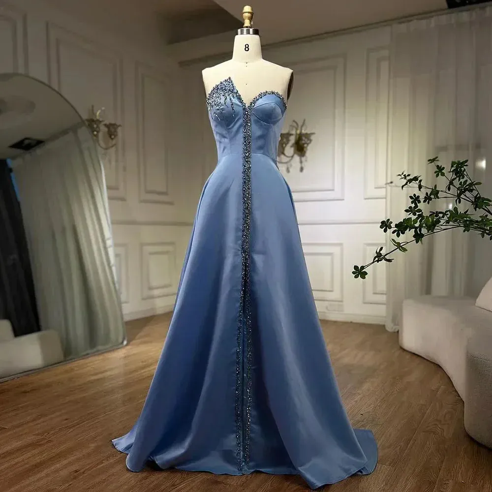 Diynav Blue Satin Arabic Evening Dress Luxury Crystal Side Slit HZ1017