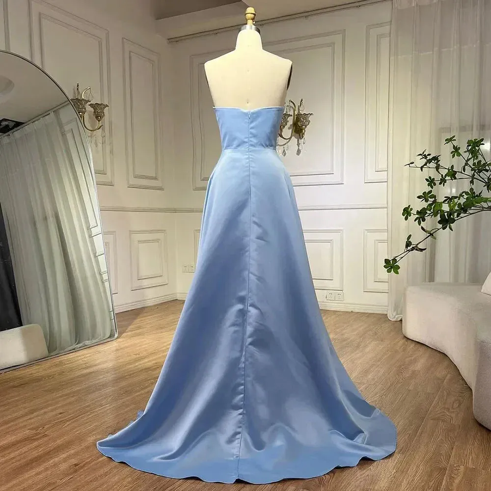 Diynav Blue Satin Arabic Evening Dress Luxury Crystal Side Slit HZ1017 - Image 5