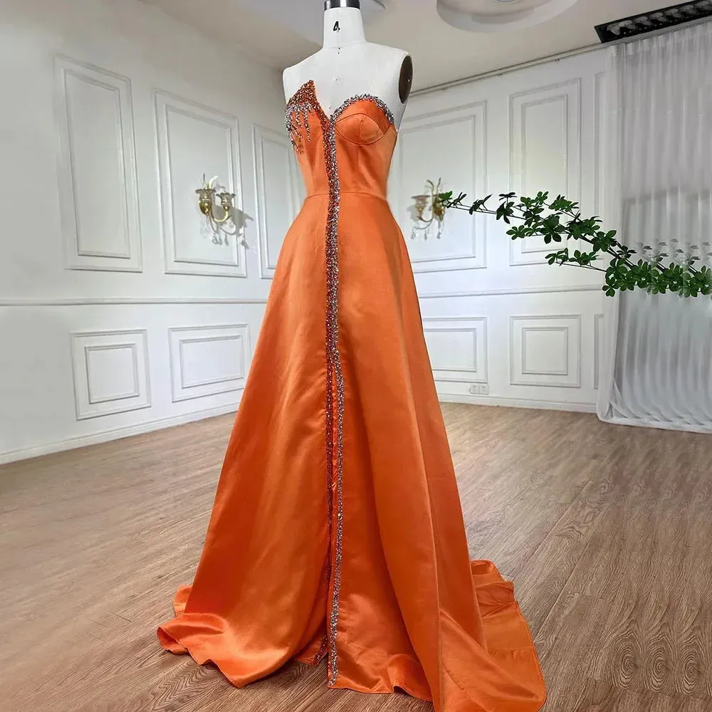 Diynav Blue Satin Arabic Evening Dress Luxury Crystal Side Slit HZ1017 - Image 4