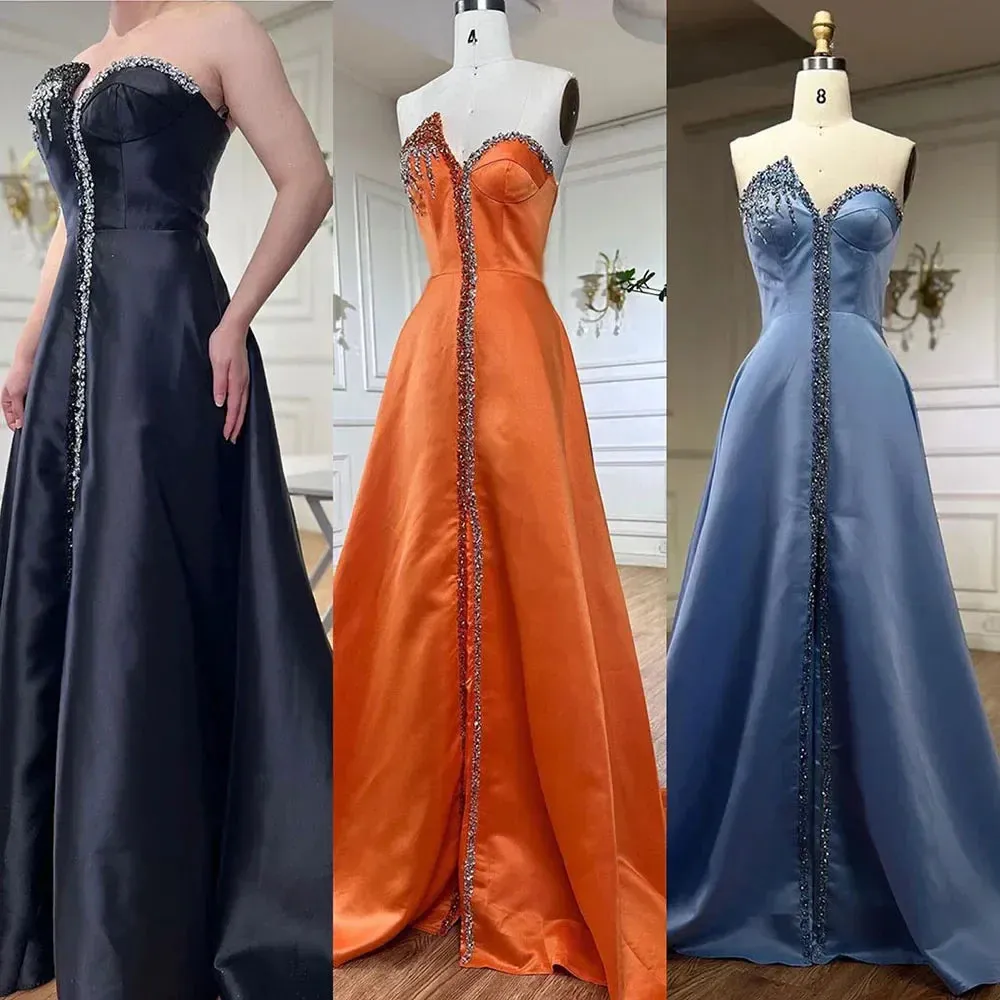 Diynav Blue Satin Arabic Evening Dress Luxury Crystal Side Slit HZ1017 - Image 3