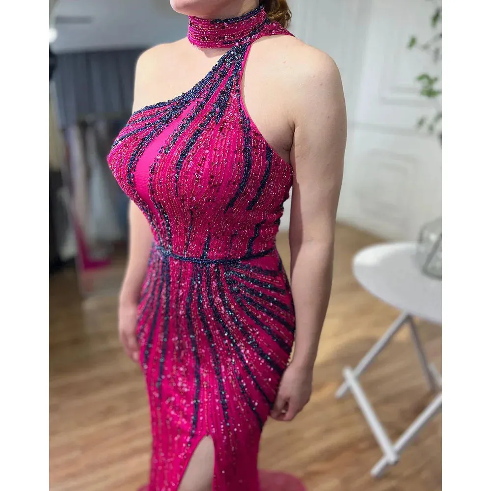 Diynav Halter Sleeveless Beaded Mermaid High Split Evening Dress Gown HZ1017 - Image 3