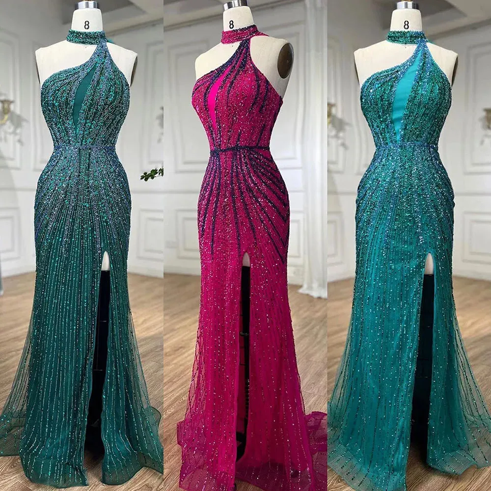 Diynav Halter Sleeveless Beaded Mermaid High Split Evening Dress Gown HZ1017 - Image 2