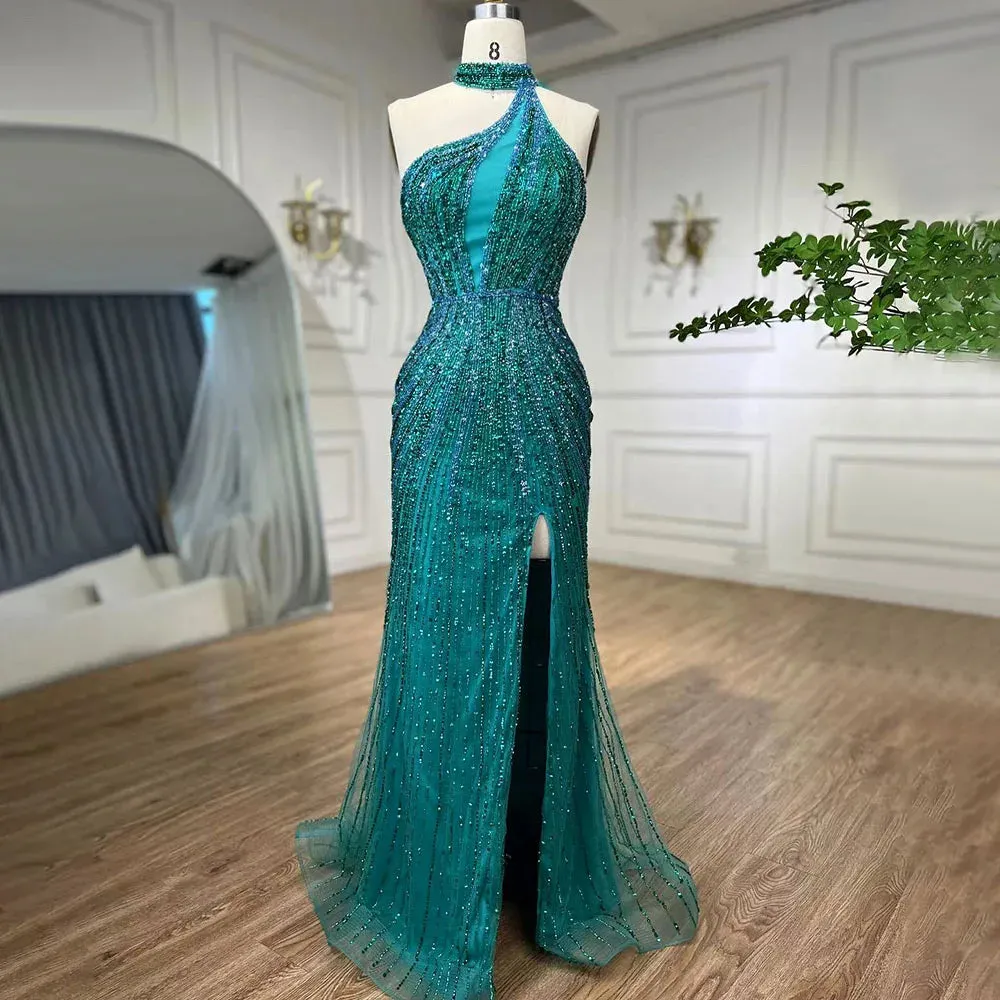 Diynav Halter Sleeveless Beaded Mermaid High Split Evening Dress Gown HZ1017 - Image 7