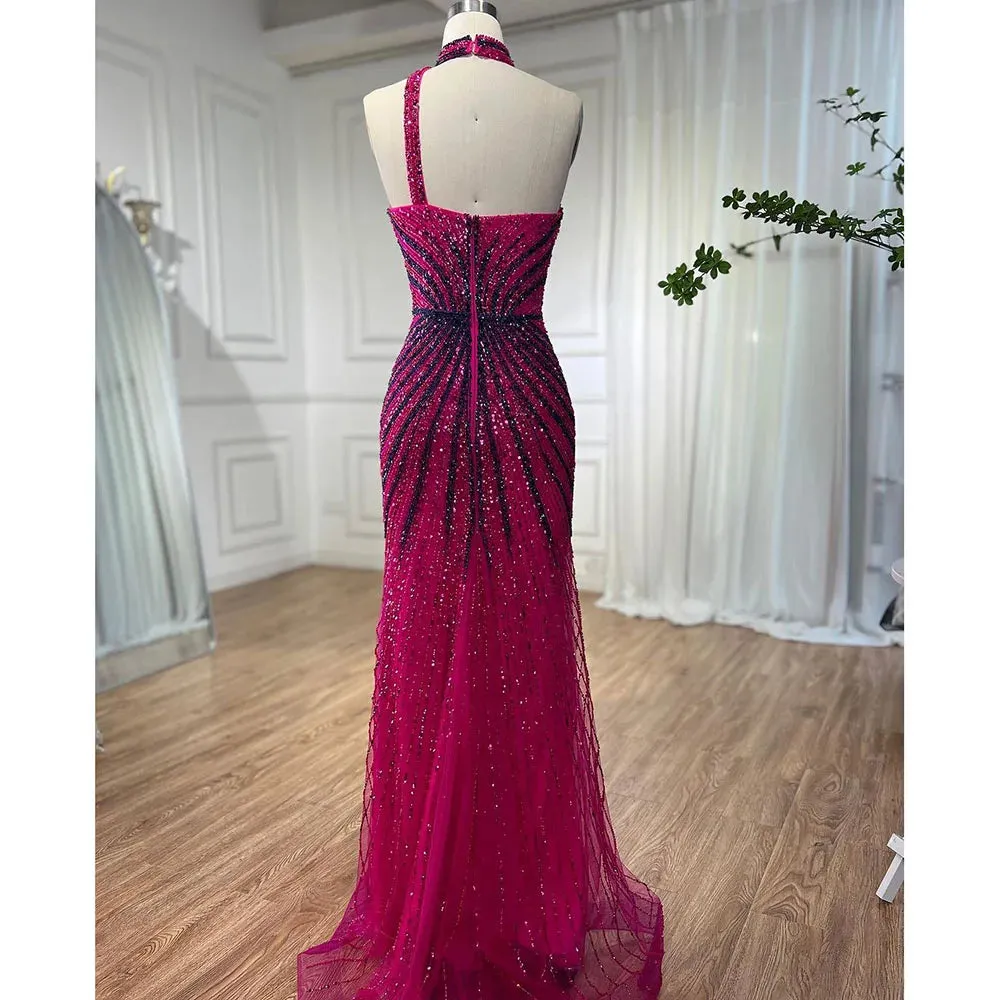Diynav Halter Sleeveless Beaded Mermaid High Split Evening Dress Gown HZ1017 - Image 5