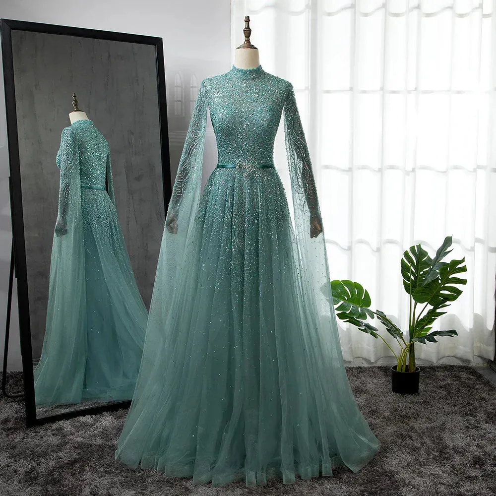 Diynav Blue Arabic Evening Dress with Cape Sleeves Plus Size HZ1017