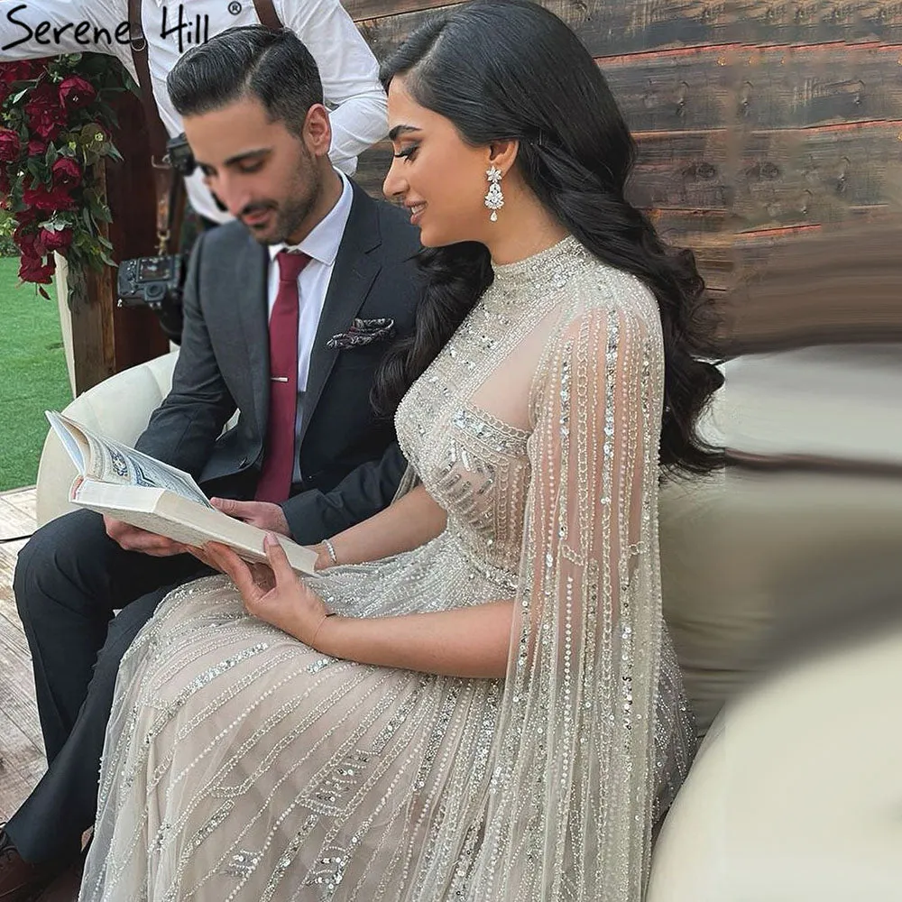 Diynav Nude Arabic Evening Dresses with Cape Sleeves HZ1017