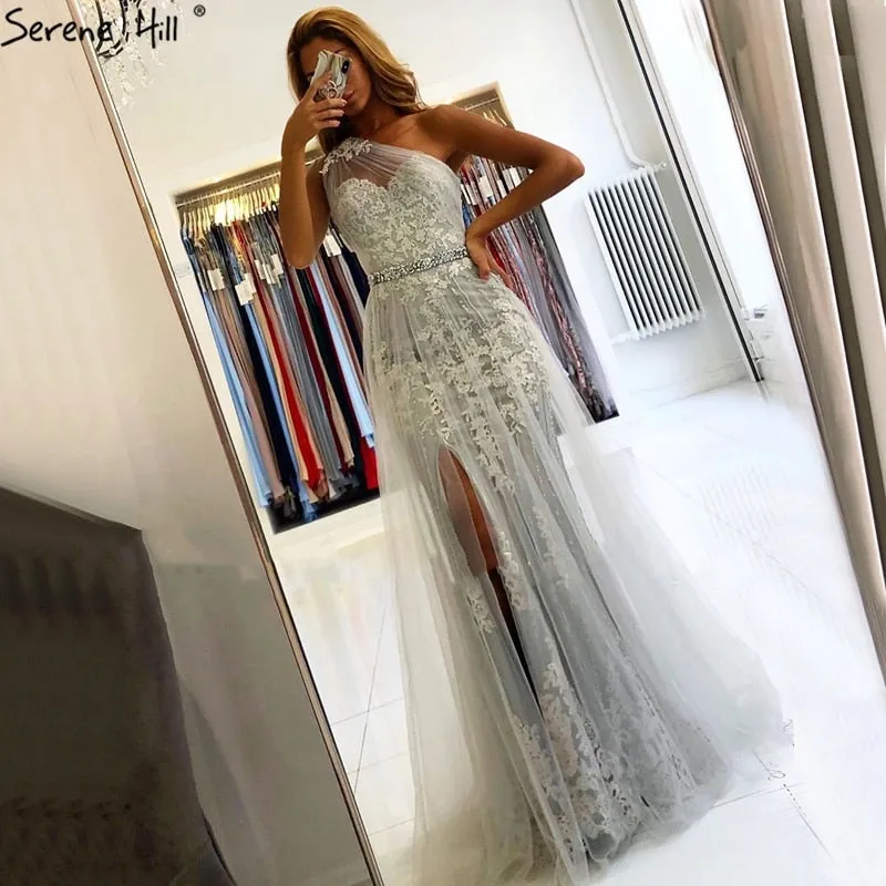 Diynav Grey Mermaid Elegant Evening Dresses Gowns 2025 One Shoulder Lace Sexy Pearls For Women Party HZ1017