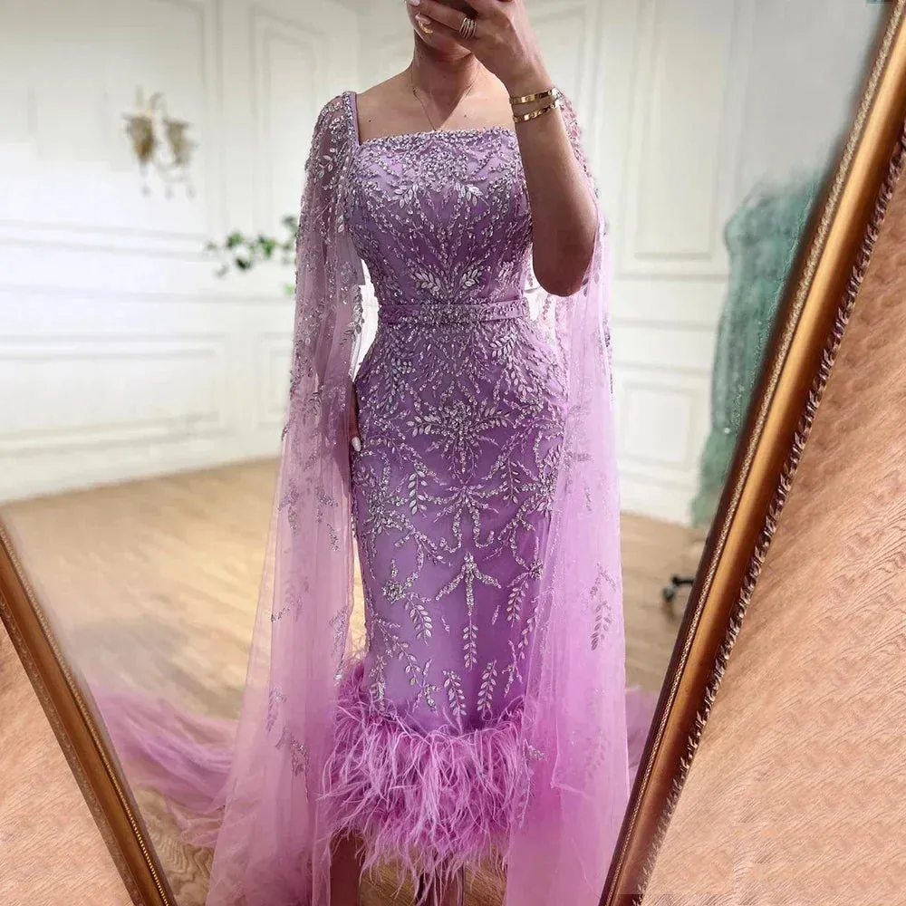 Diynav Mermaid Ankle Length Feather Beaded Luxury Evening Dress Gown with Cape HZ1017