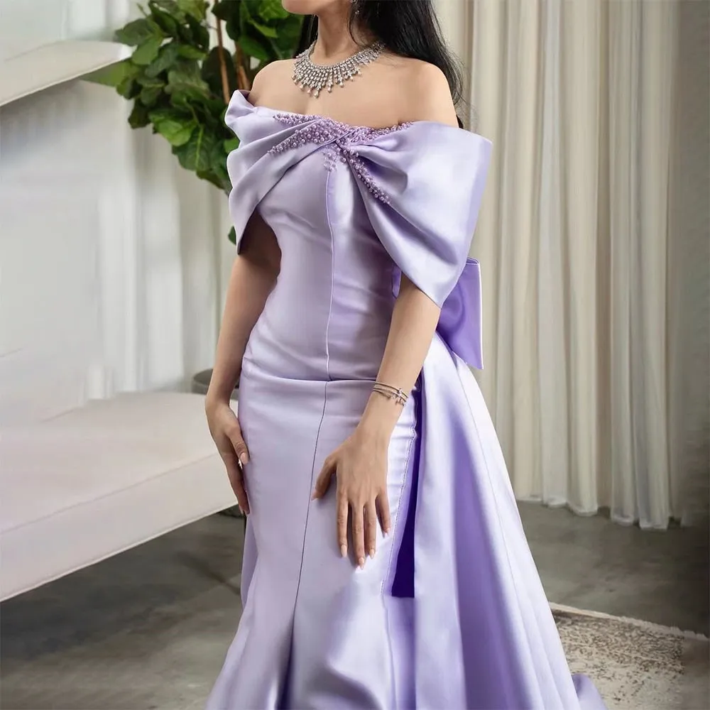 Diynav Off Shoulder Lilac Evening Dress with Overskirt HZ1017