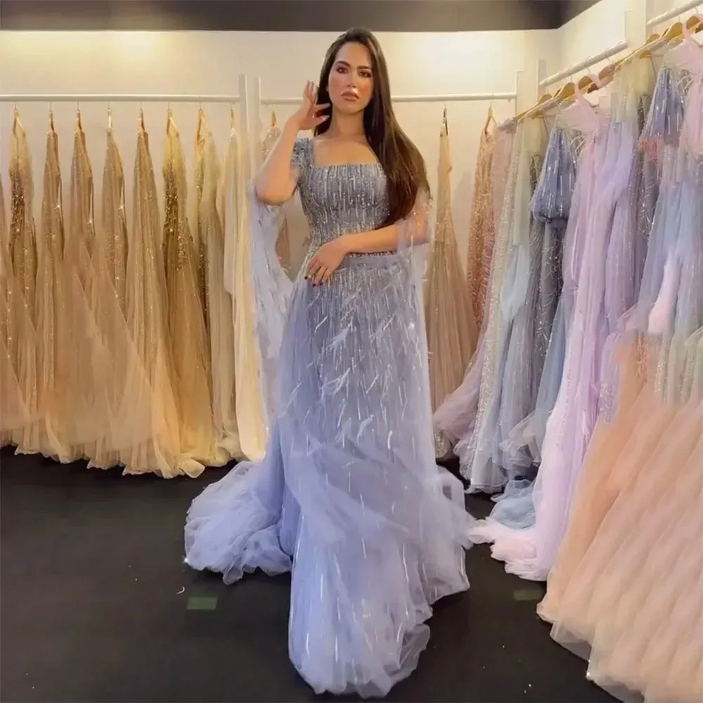 Diynav Luxury Feathers Arabic Evening Dresses with Cape HZ1017