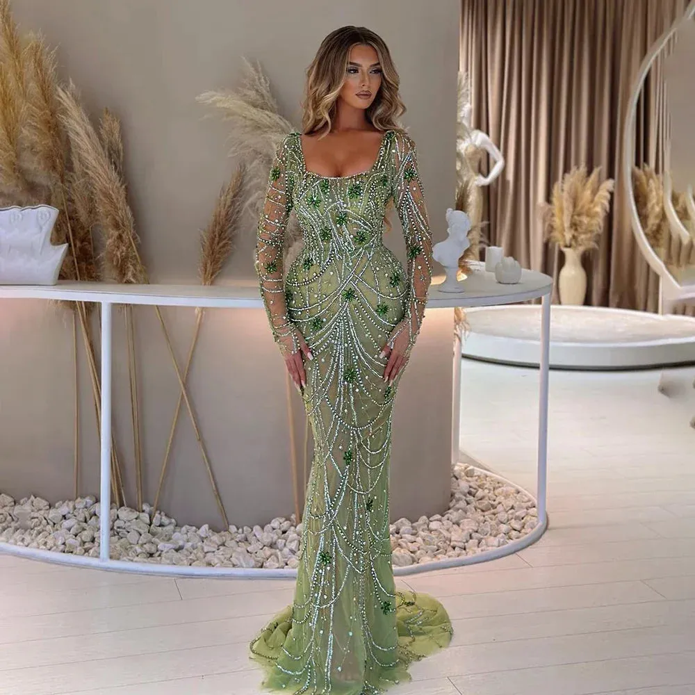 Diynav Dubai Green Mermaid Evening Dress Long Sleeves HZ1017