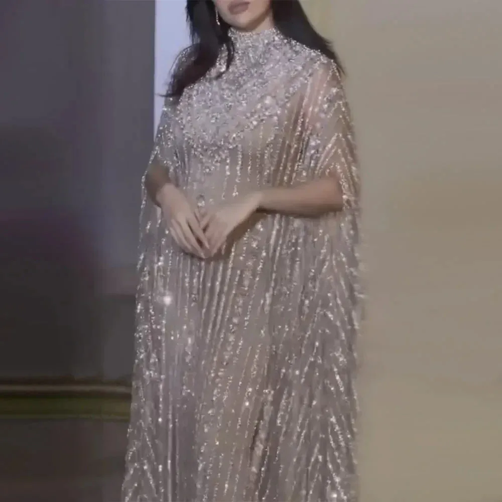 Diynav Dubai Silver Nude Cape Mermaid Arabic Beaded Evening Gown Women's Party 2025 HZ1017