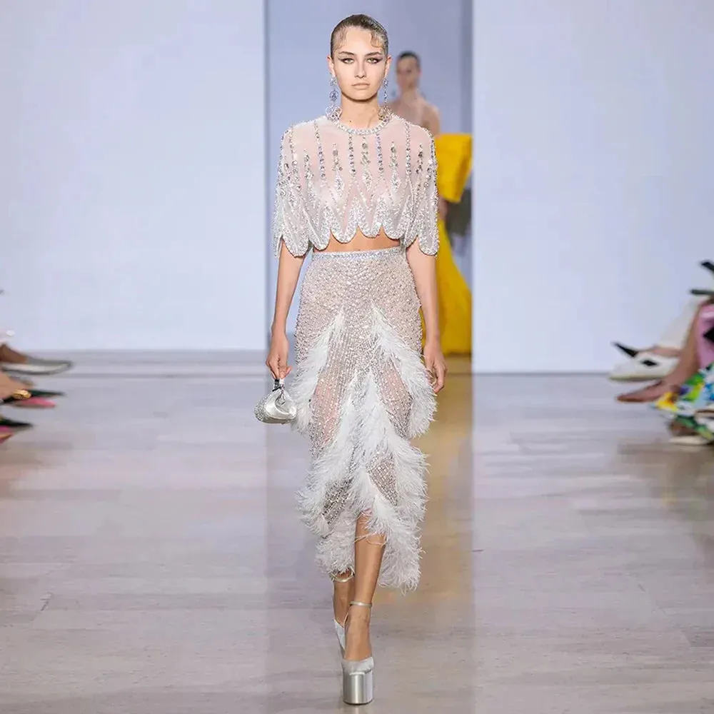 Diynav Dubai White Feathers Two Pieces Evening Dresses HZ1017