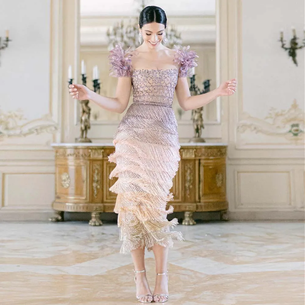 Diynav Feathers Tassel Lilac Dubai Evening Dresses HZ1017