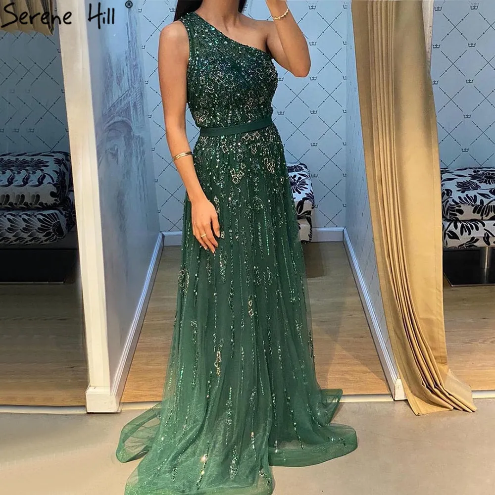 Diynav Green A-Line Evening Dresses Gowns 2025 Sexy One-Shoulder Beading For Women Party HZ1017