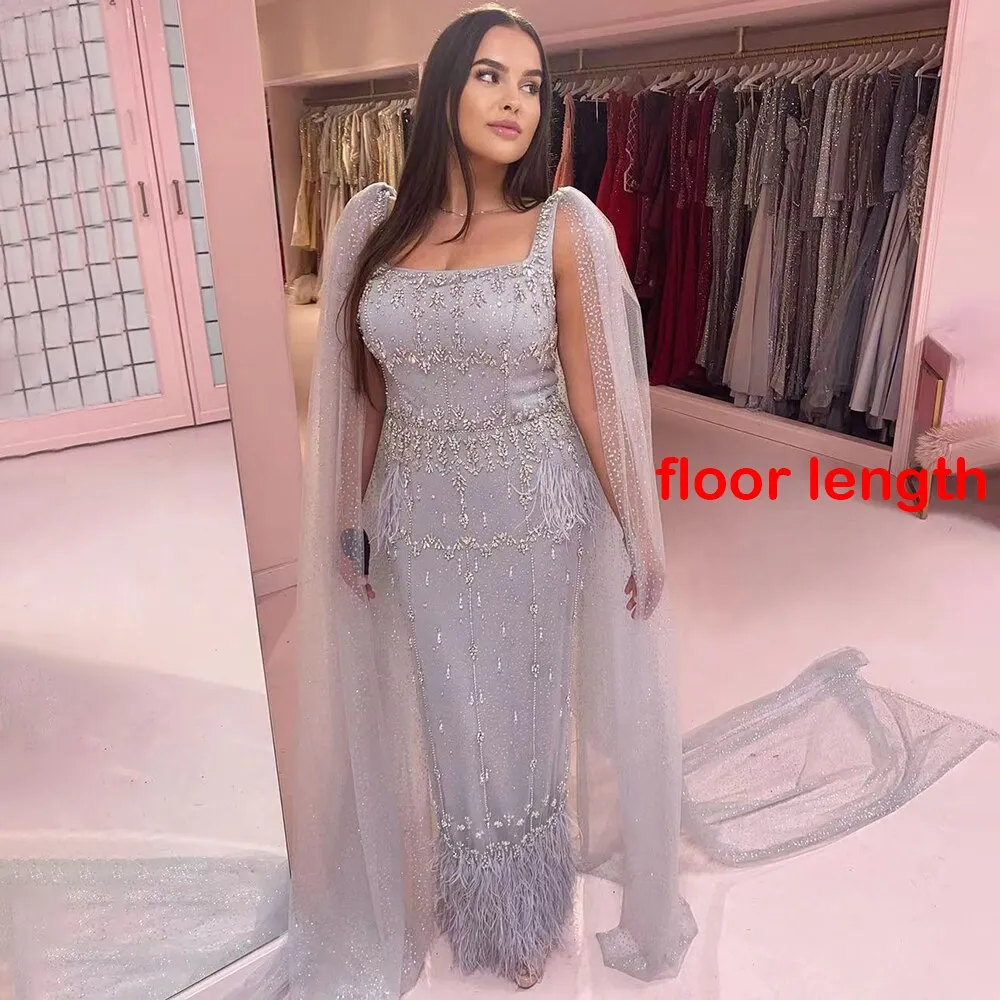 Diynav Gray Mermaid Arabic Evening Dress with Cape HZ1017 - Image 2