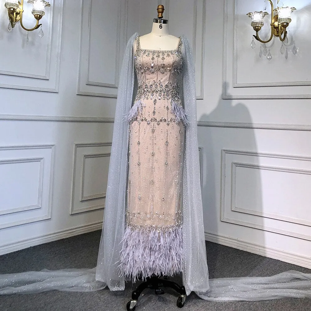 Diynav Gray Mermaid Arabic Evening Dress with Cape HZ1017 - Image 10