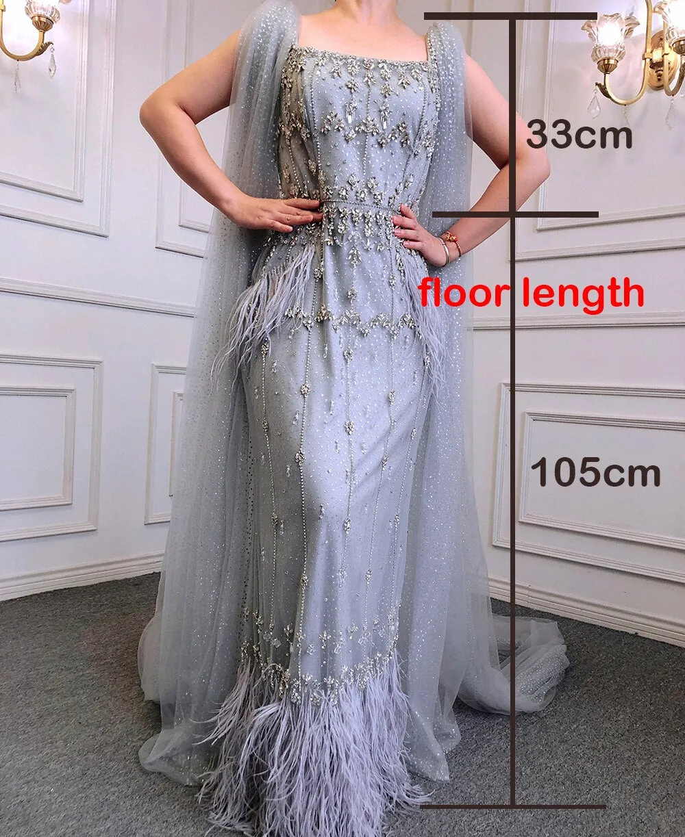 Diynav Gray Mermaid Arabic Evening Dress with Cape HZ1017 - Image 4