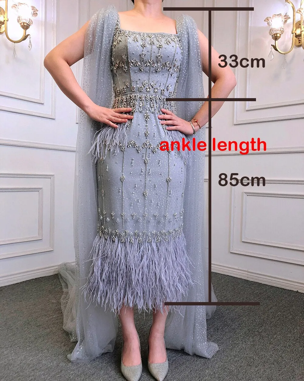 Diynav Gray Mermaid Arabic Evening Dress with Cape HZ1017 - Image 3