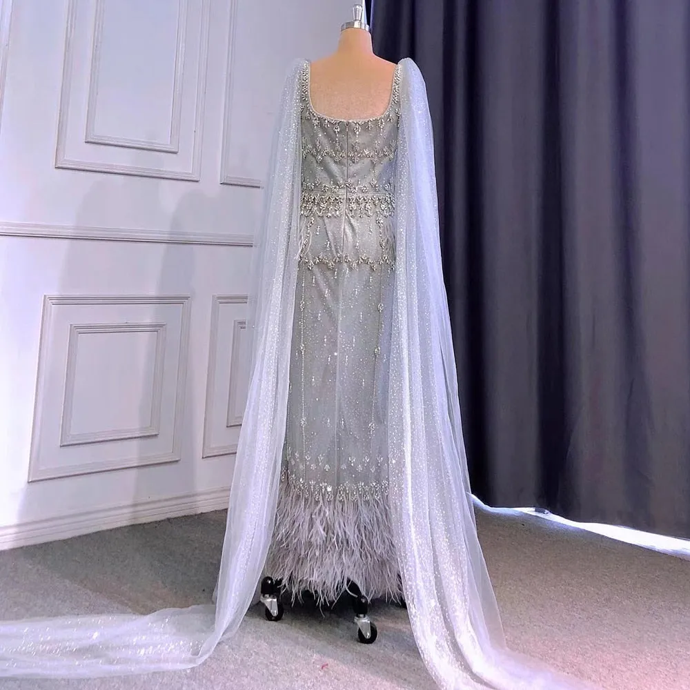 Diynav Gray Mermaid Arabic Evening Dress with Cape HZ1017 - Image 6