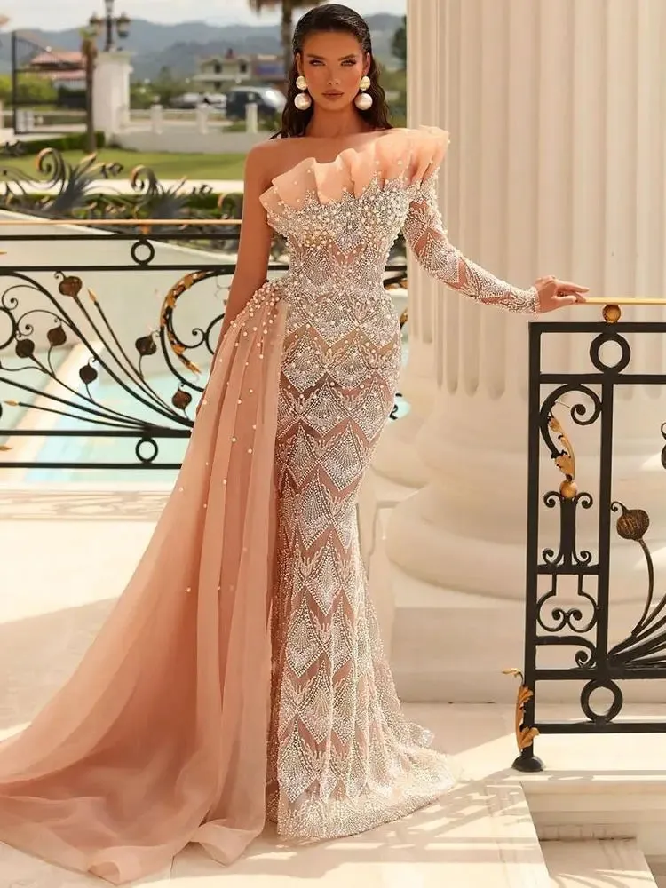 Diynav Pearls Designer One Shoulder Evening Dresses Gowns HZ1017