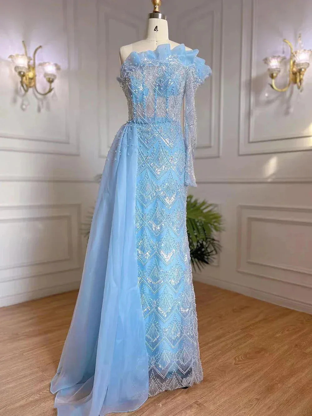 Diynav Pearls Designer One Shoulder Evening Dresses Gowns HZ1017 - Image 8