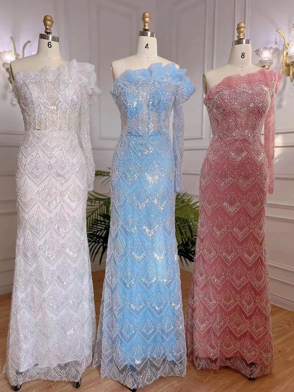 Diynav Pearls Designer One Shoulder Evening Dresses Gowns HZ1017 - Image 5