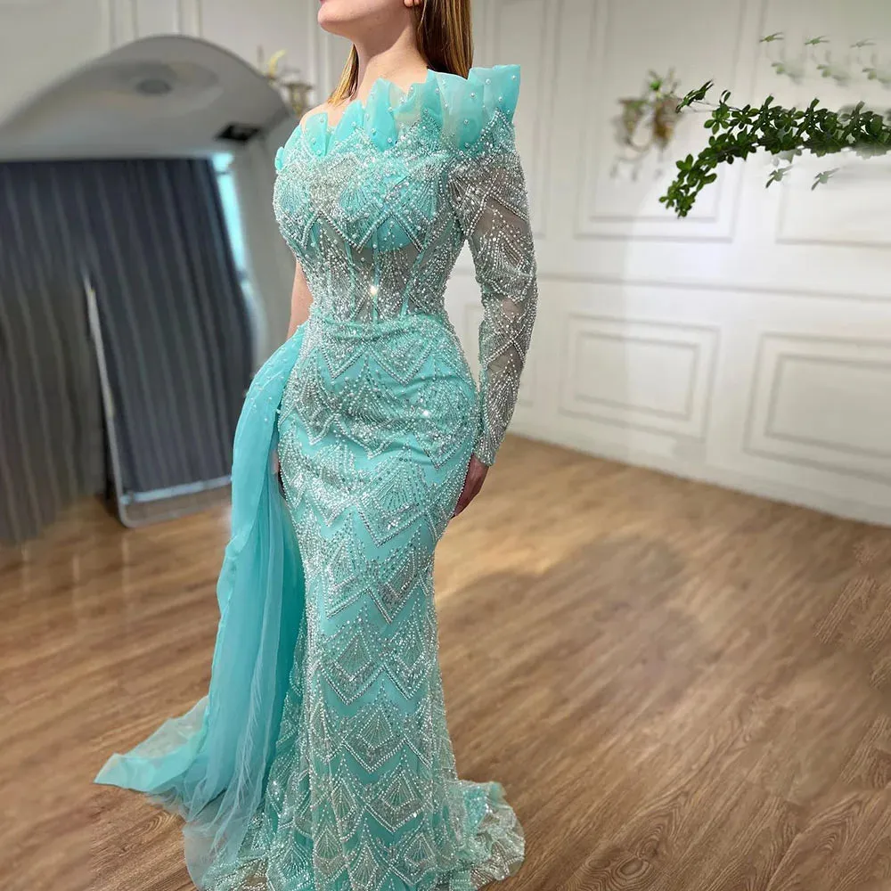 Diynav Pearls Designer One Shoulder Evening Dresses Gowns HZ1017 - Image 10