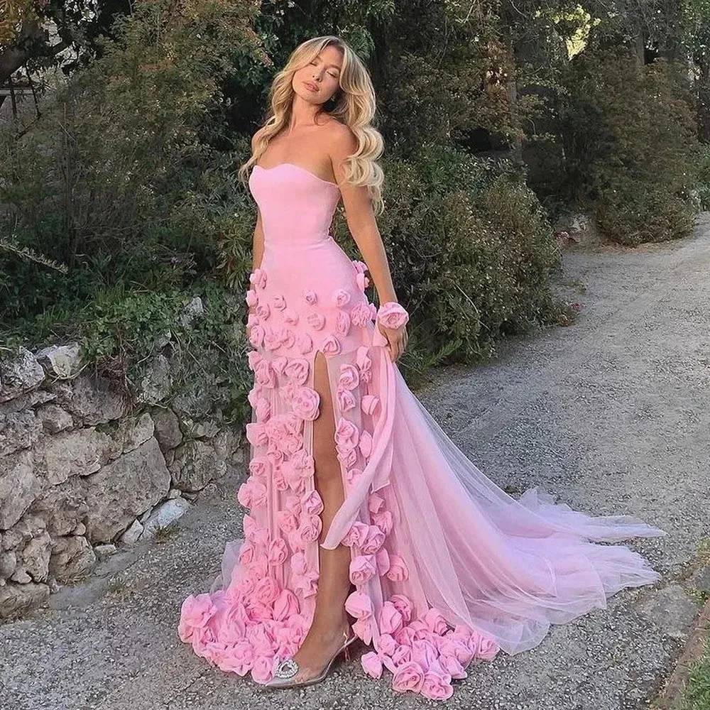 Diynav Evening Dress for Girls Arabic Pink 3D Flowers Elegant Srapless Dress Side Split Prom Party Gowns HZ1017 - Image 3