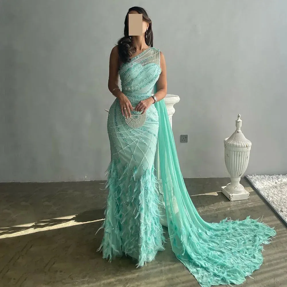 Diynav Turquoise Aqua One Shoulder Mermaid Evening Dress with Cape HZ1017