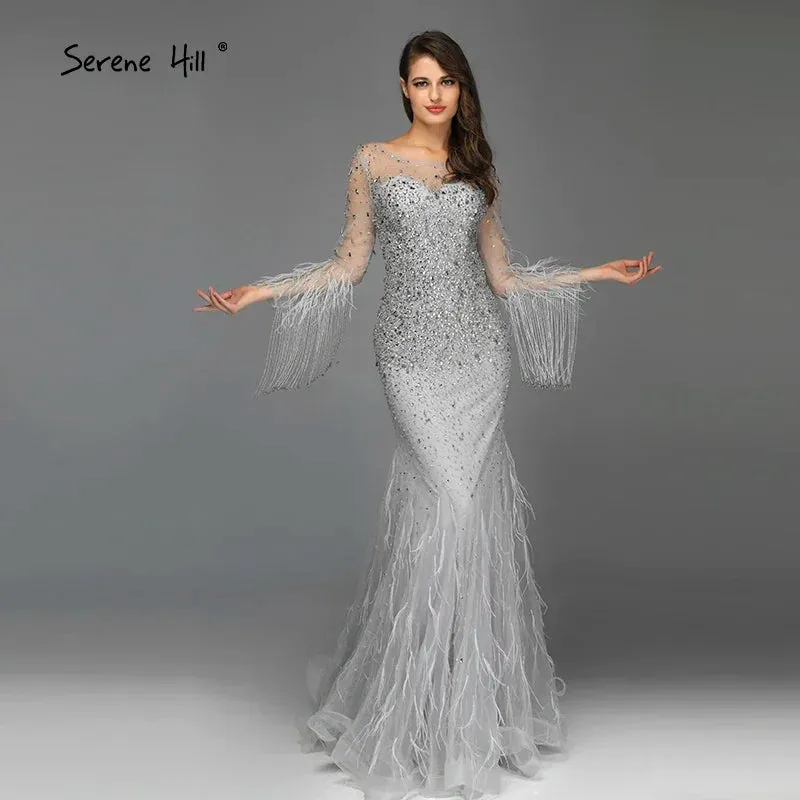 Diynav Silver Feathers Beaded Tassel Luxury Arabic Evening Dress Gown HZ1017