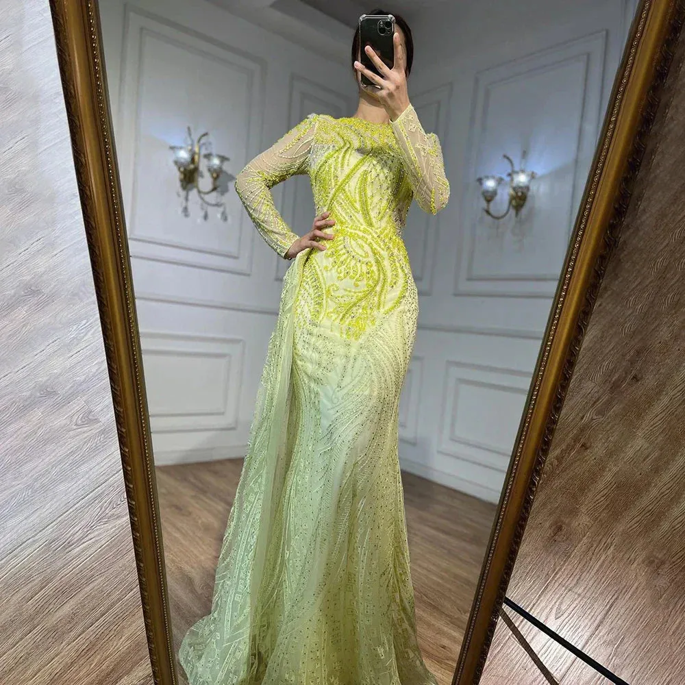 Diynav Dubai Blue Mermaid Muslim Evening Dress Overskirt Long Sleeve HZ1017