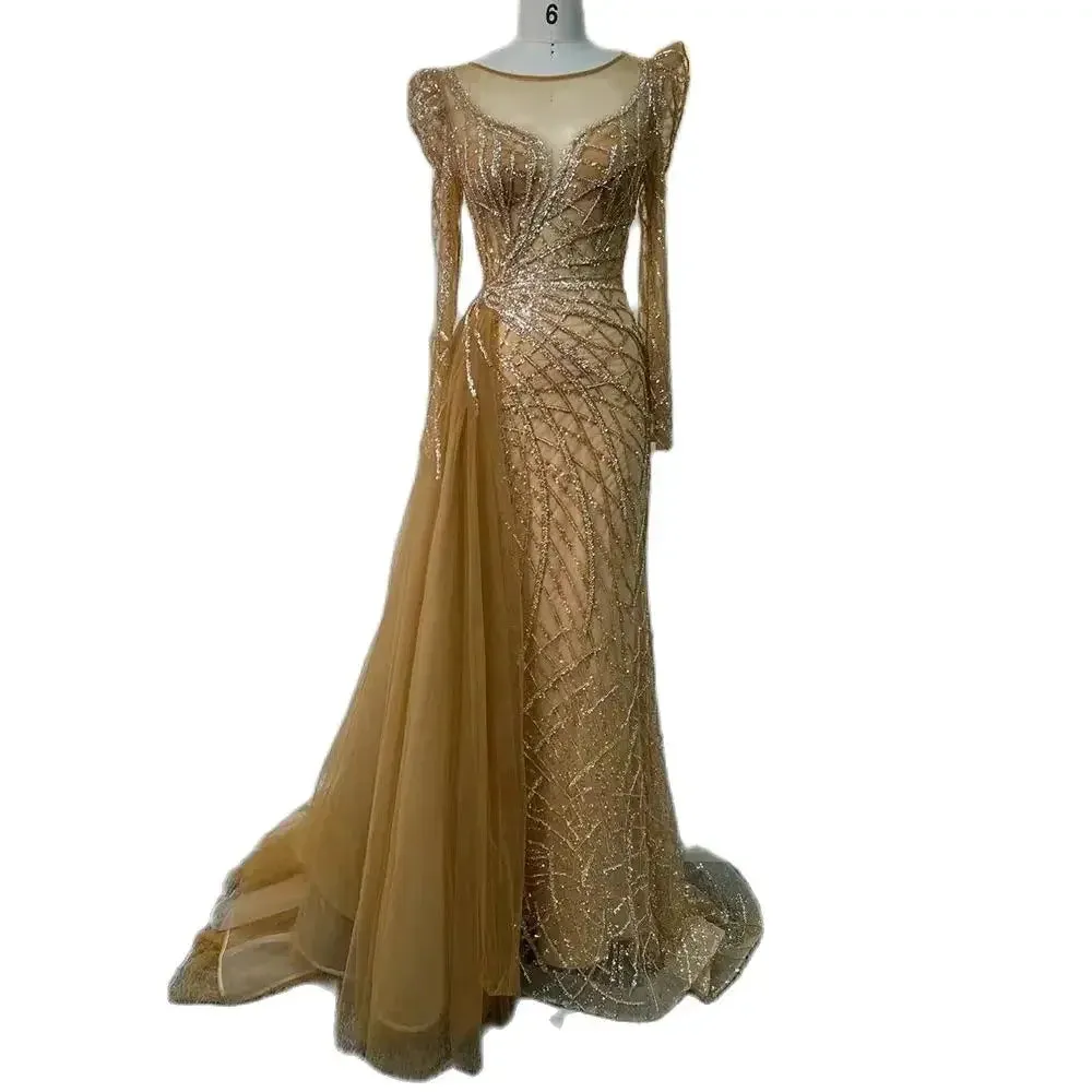 Diynav Muslim Gold Mermaid Beaded Dubai Evening Dresses with Overskirt HZ1017 - Image 8