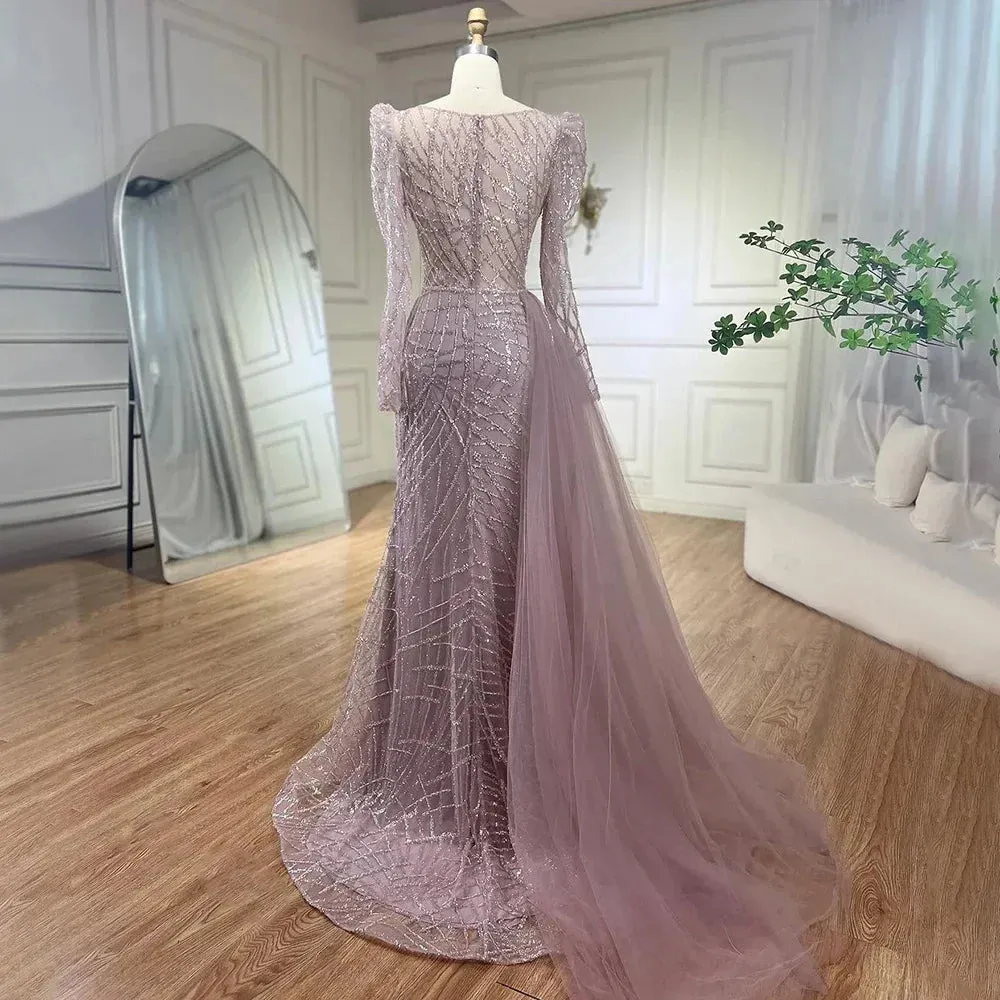 Diynav Muslim Gold Mermaid Beaded Dubai Evening Dresses with Overskirt HZ1017 - Image 5