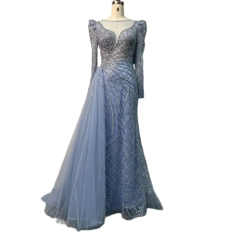 Diynav Muslim Gold Mermaid Beaded Dubai Evening Dresses with Overskirt HZ1017 - Image 7