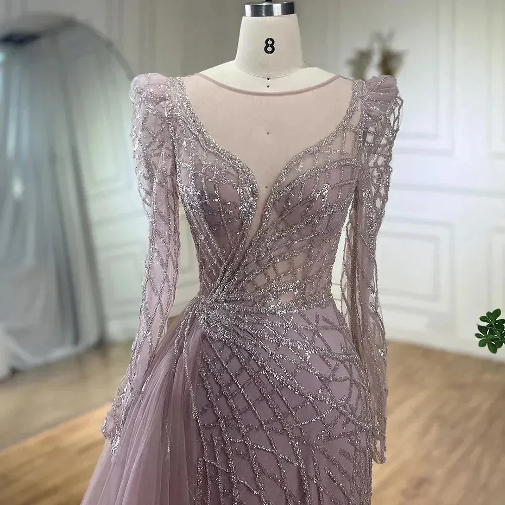 Diynav Muslim Gold Mermaid Beaded Dubai Evening Dresses with Overskirt HZ1017 - Image 6