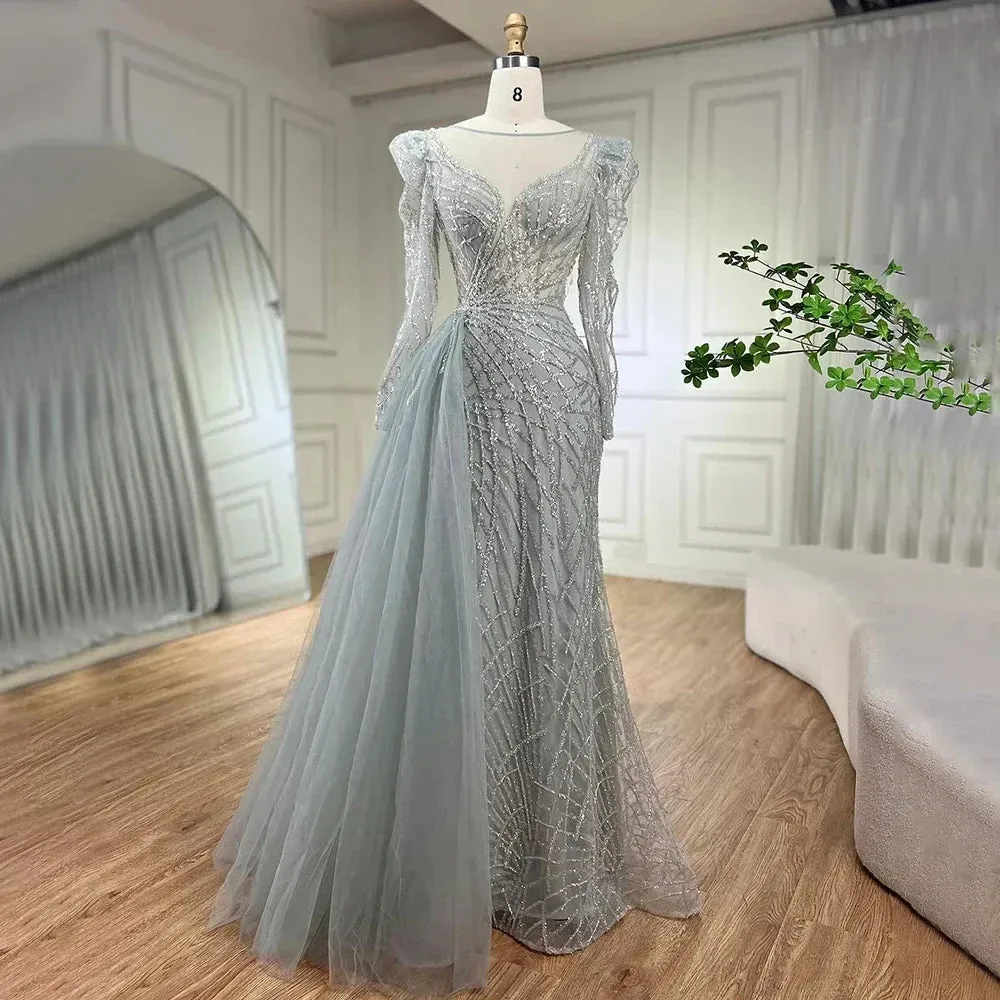 Diynav Muslim Gold Mermaid Beaded Dubai Evening Dresses with Overskirt HZ1017 - Image 2