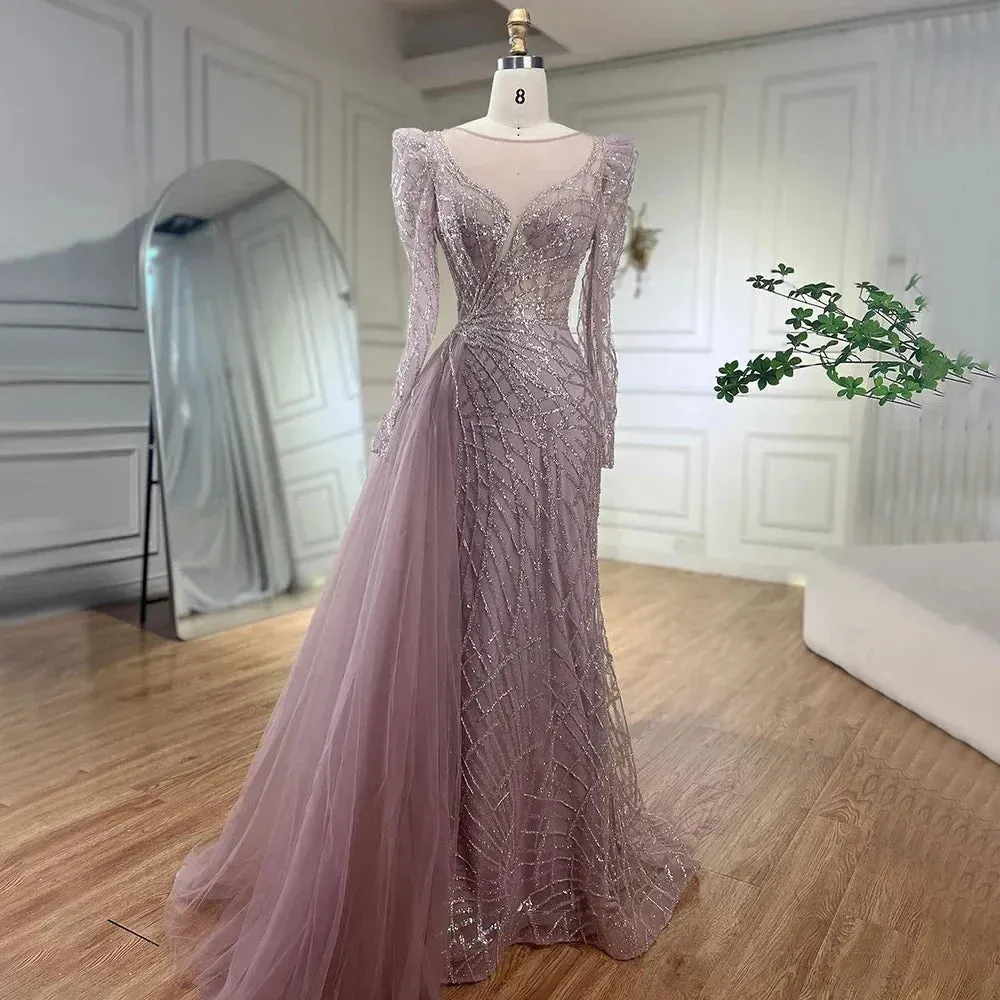 Diynav Muslim Gold Mermaid Beaded Dubai Evening Dresses with Overskirt HZ1017 - Image 4