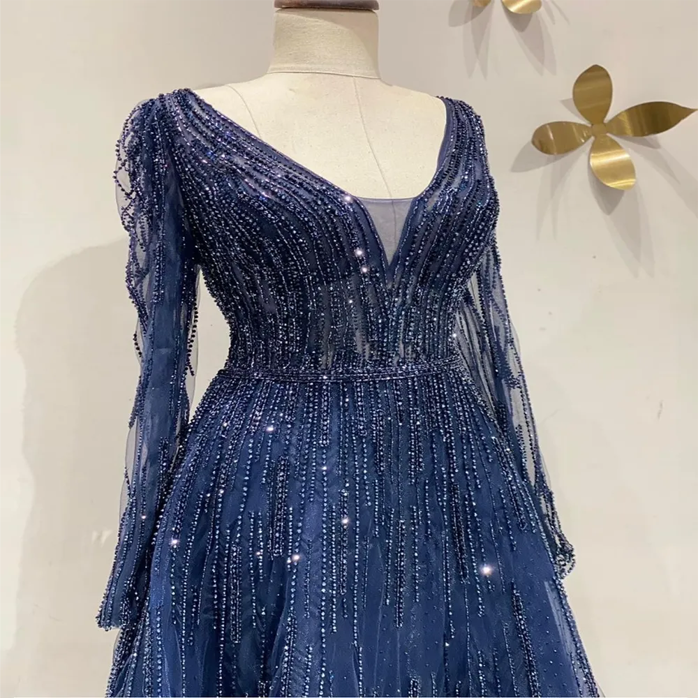 Diynav Navy Long Sleeves A-line Beaded Evening Dresses Forml Occasion Party Gowns For Women HZ1017